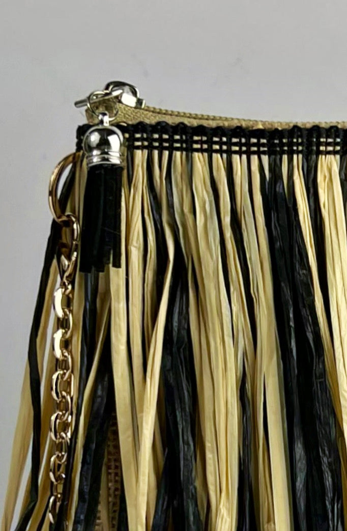 Borsetta in Juta con frange beige e nere