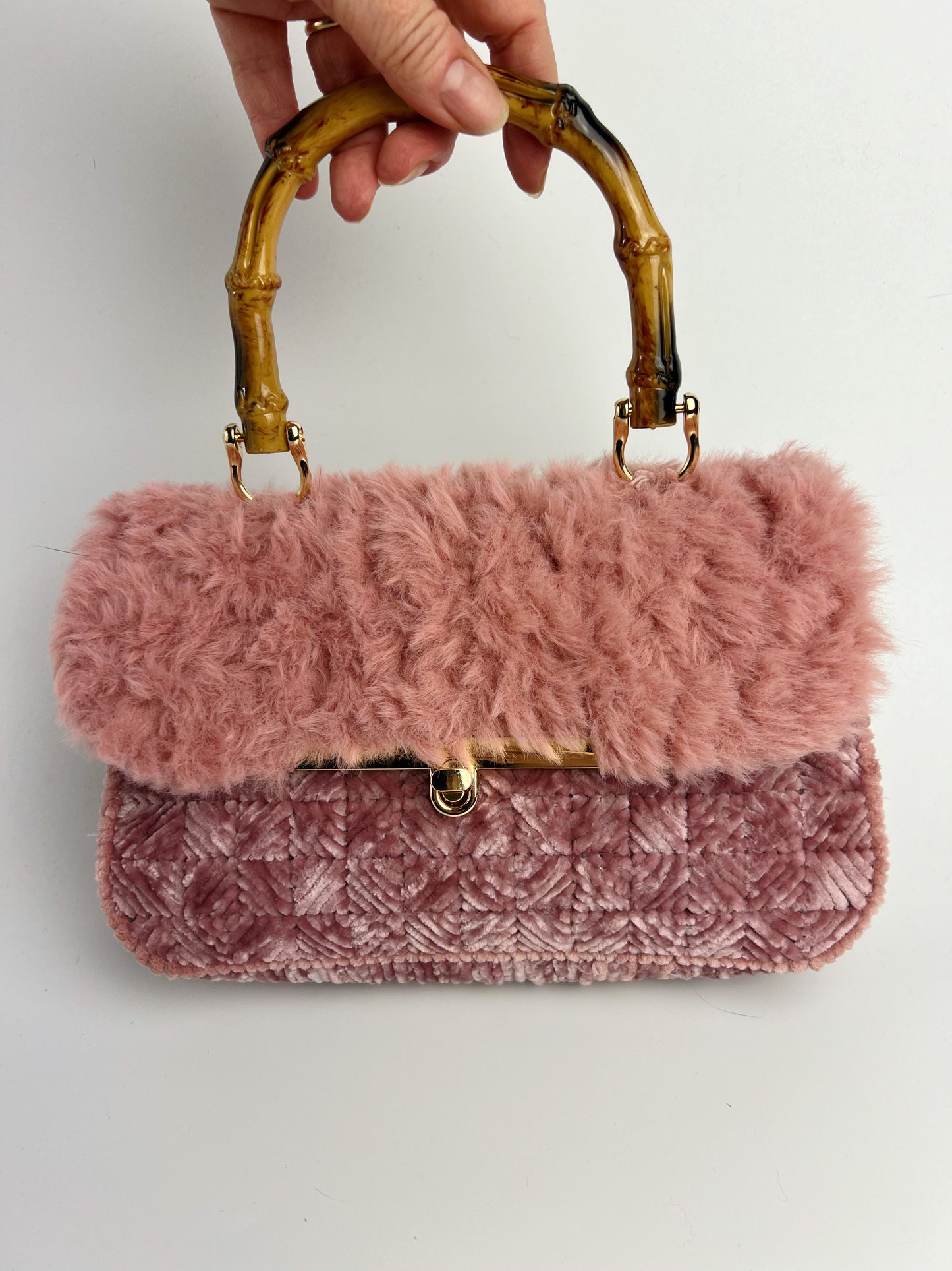 Borsa rosa antico ciniglia e pelliccia