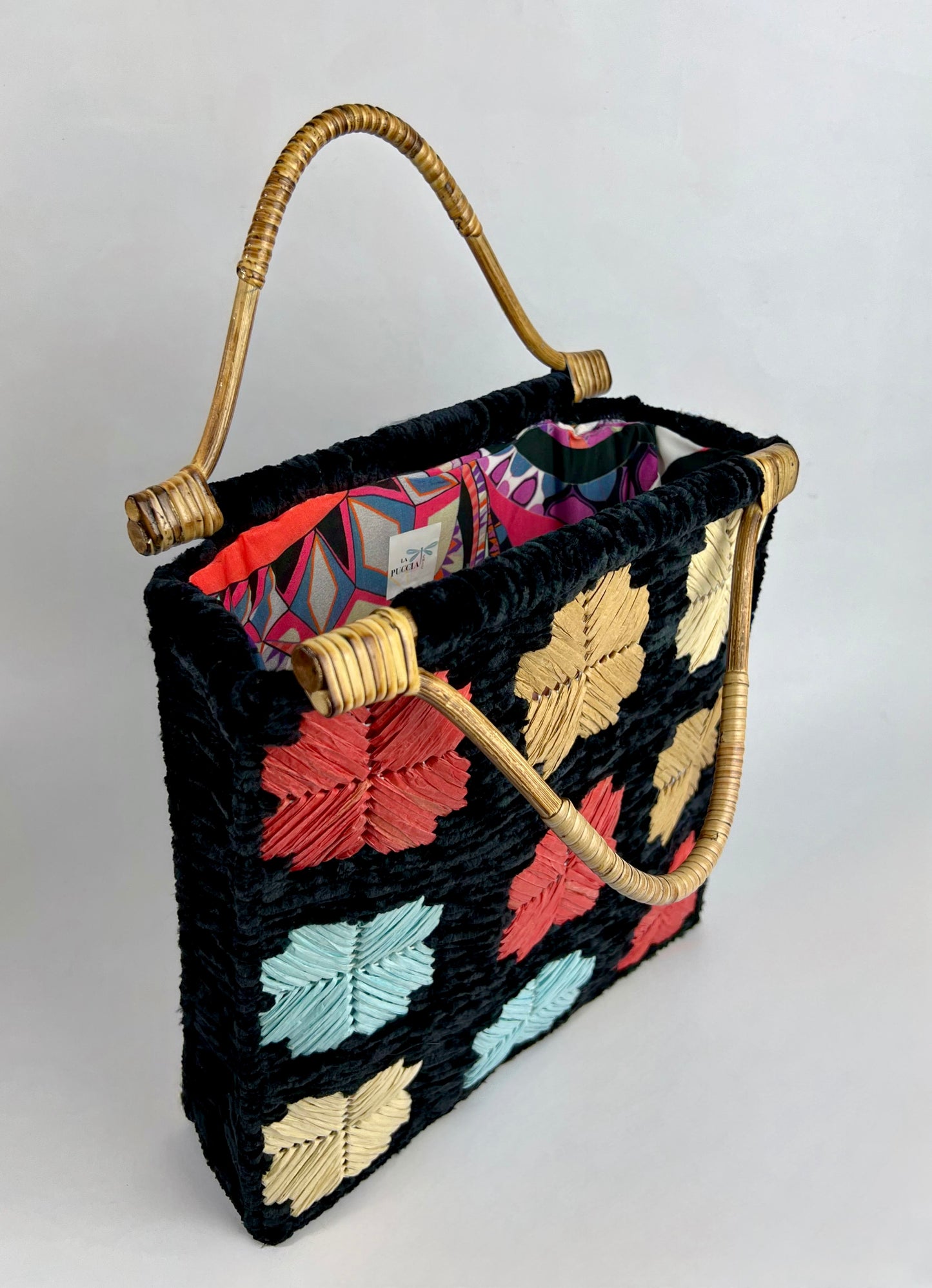 Borsa nera ciniglia con fiori colorati