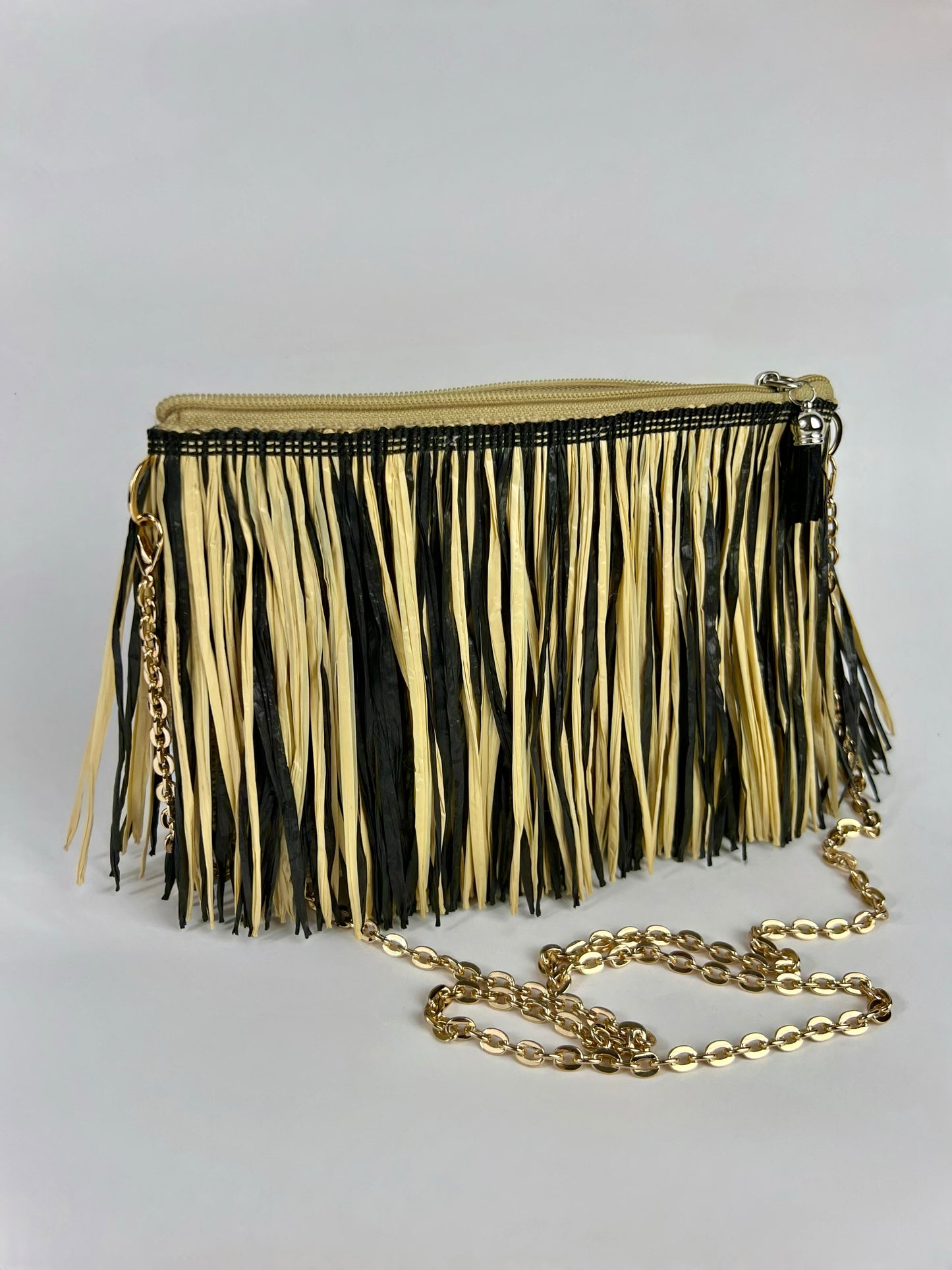 Borsetta in Juta con frange beige e nere