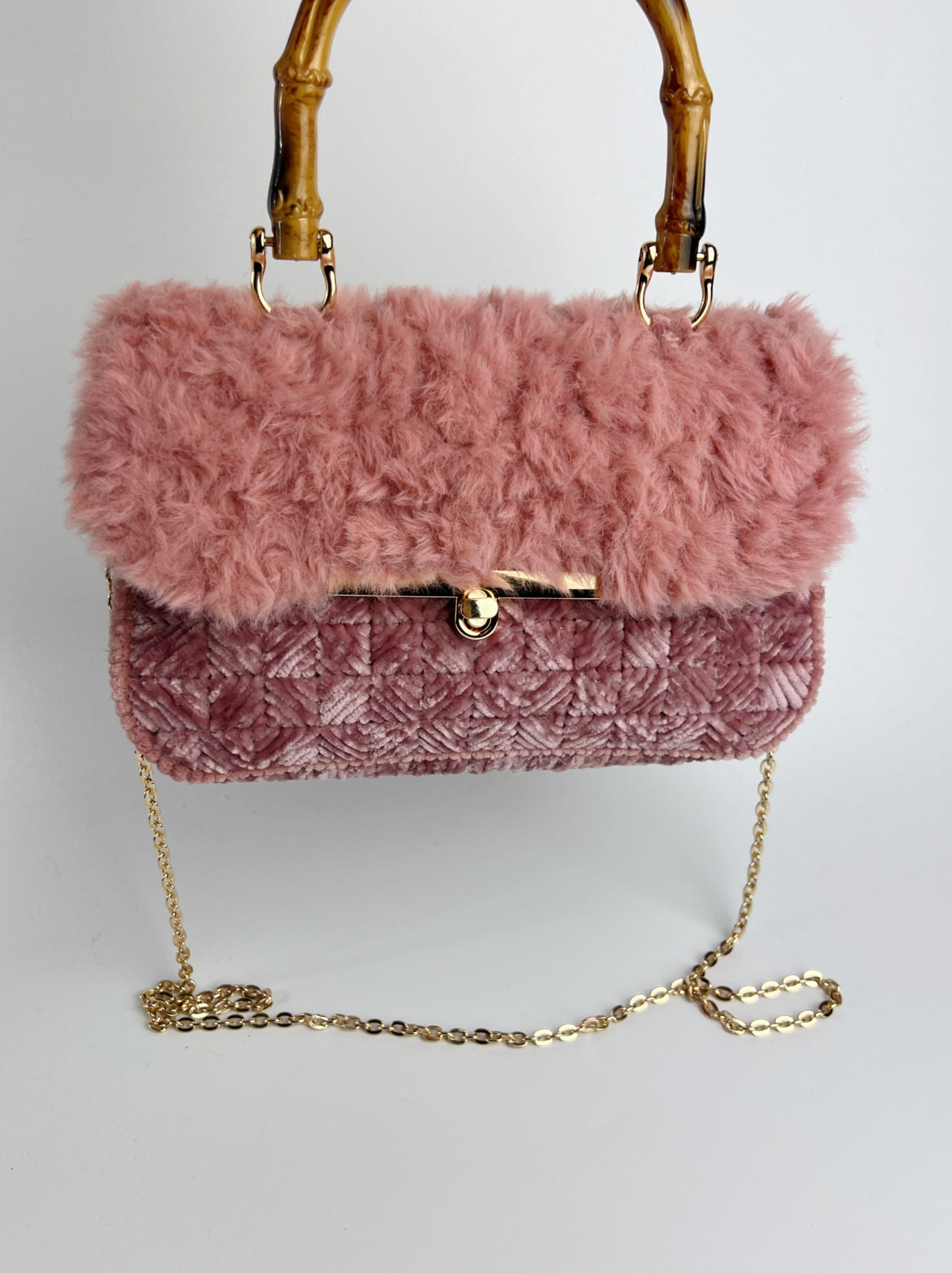 Borsa rosa antico ciniglia e pelliccia