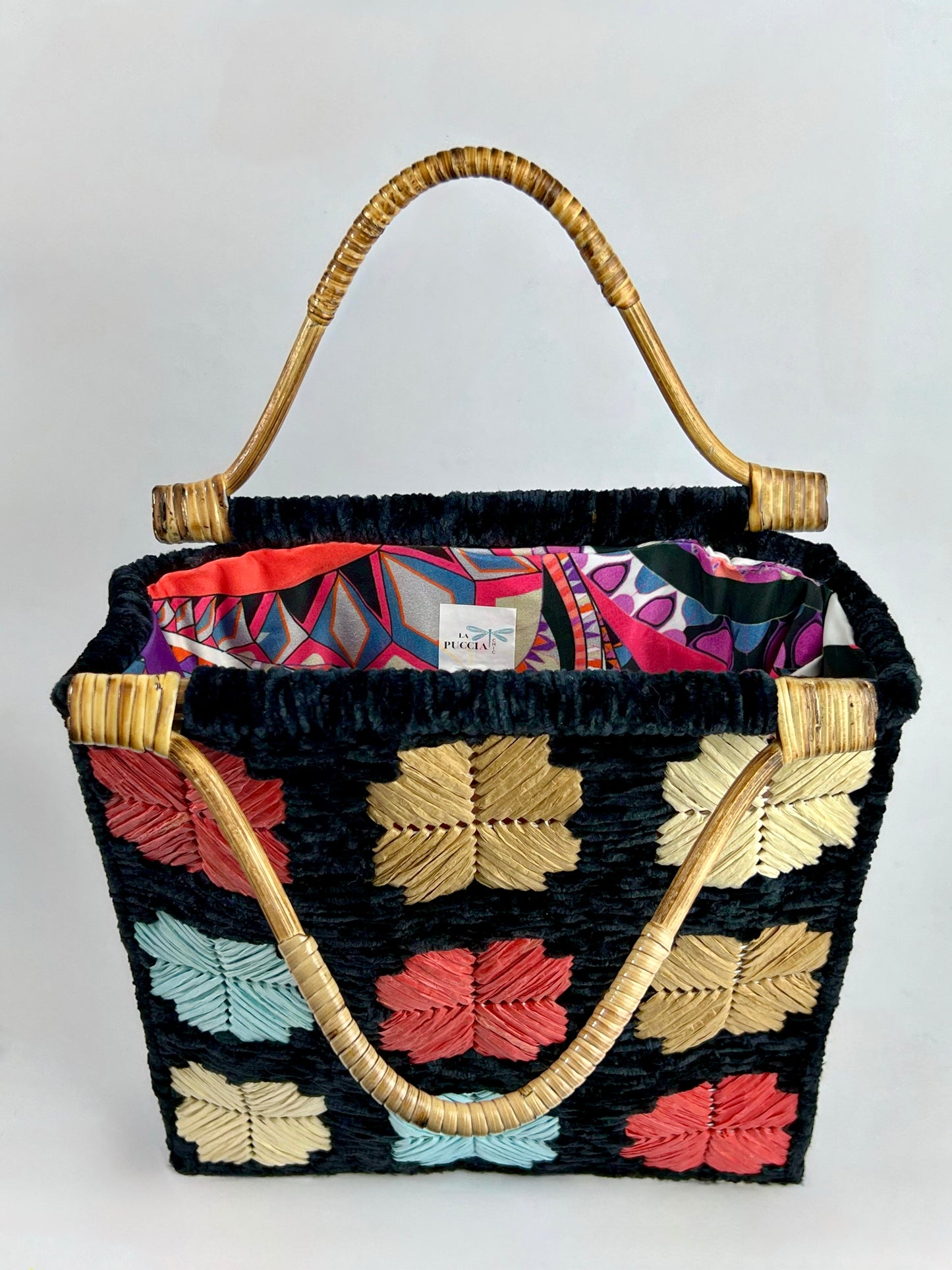 Borsa nera ciniglia con fiori colorati