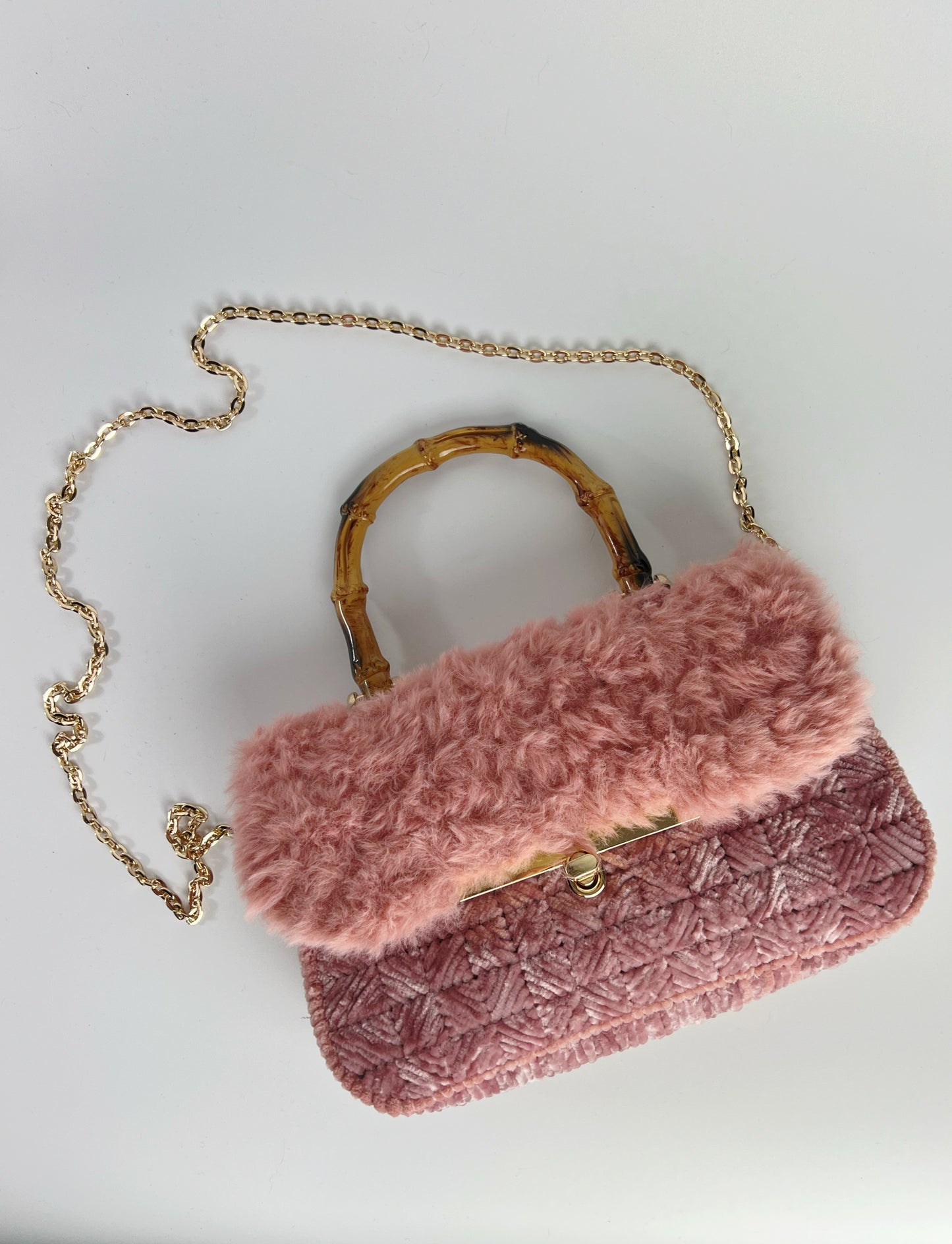 Borsa rosa antico ciniglia e pelliccia