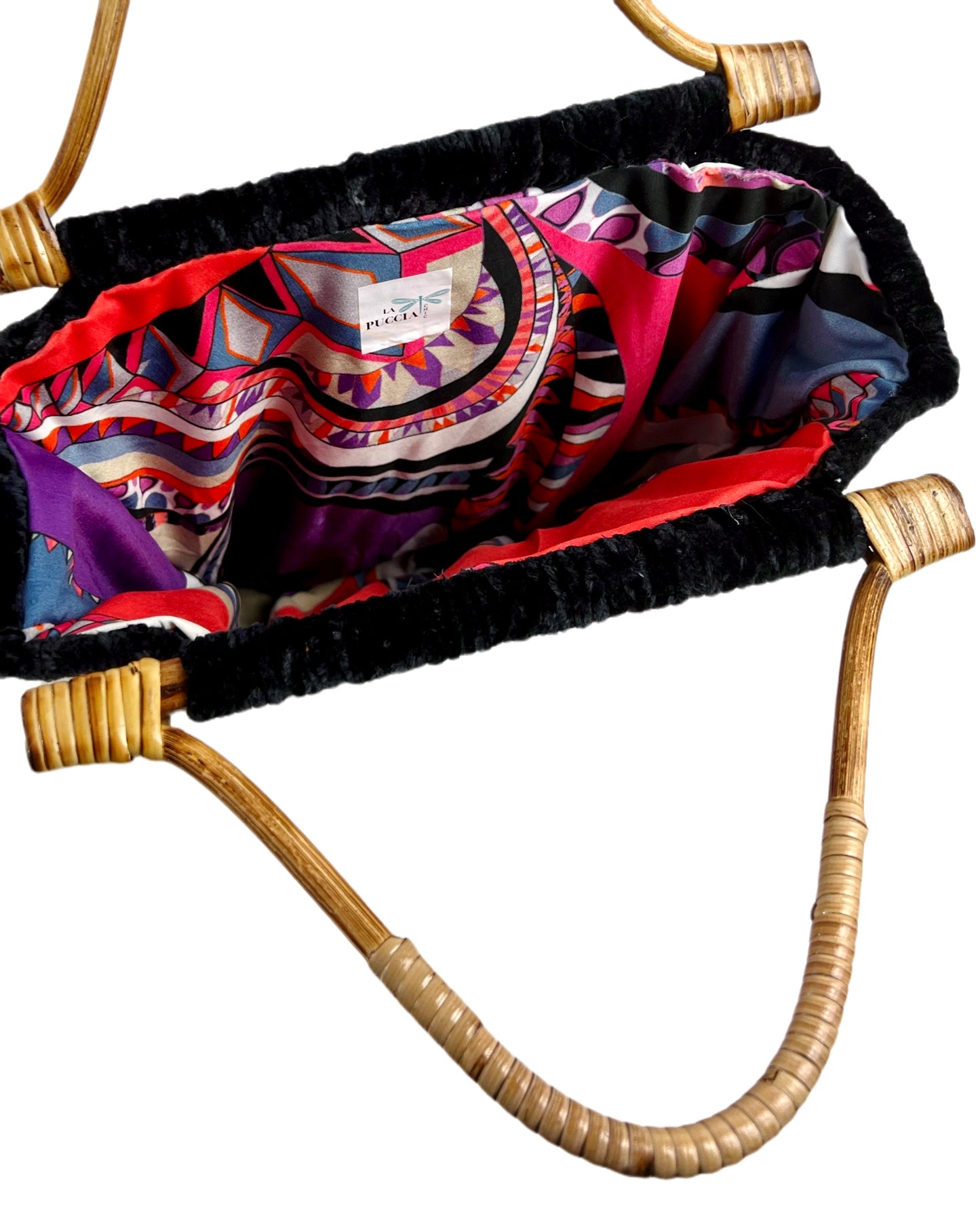 Borsa nera ciniglia con fiori colorati