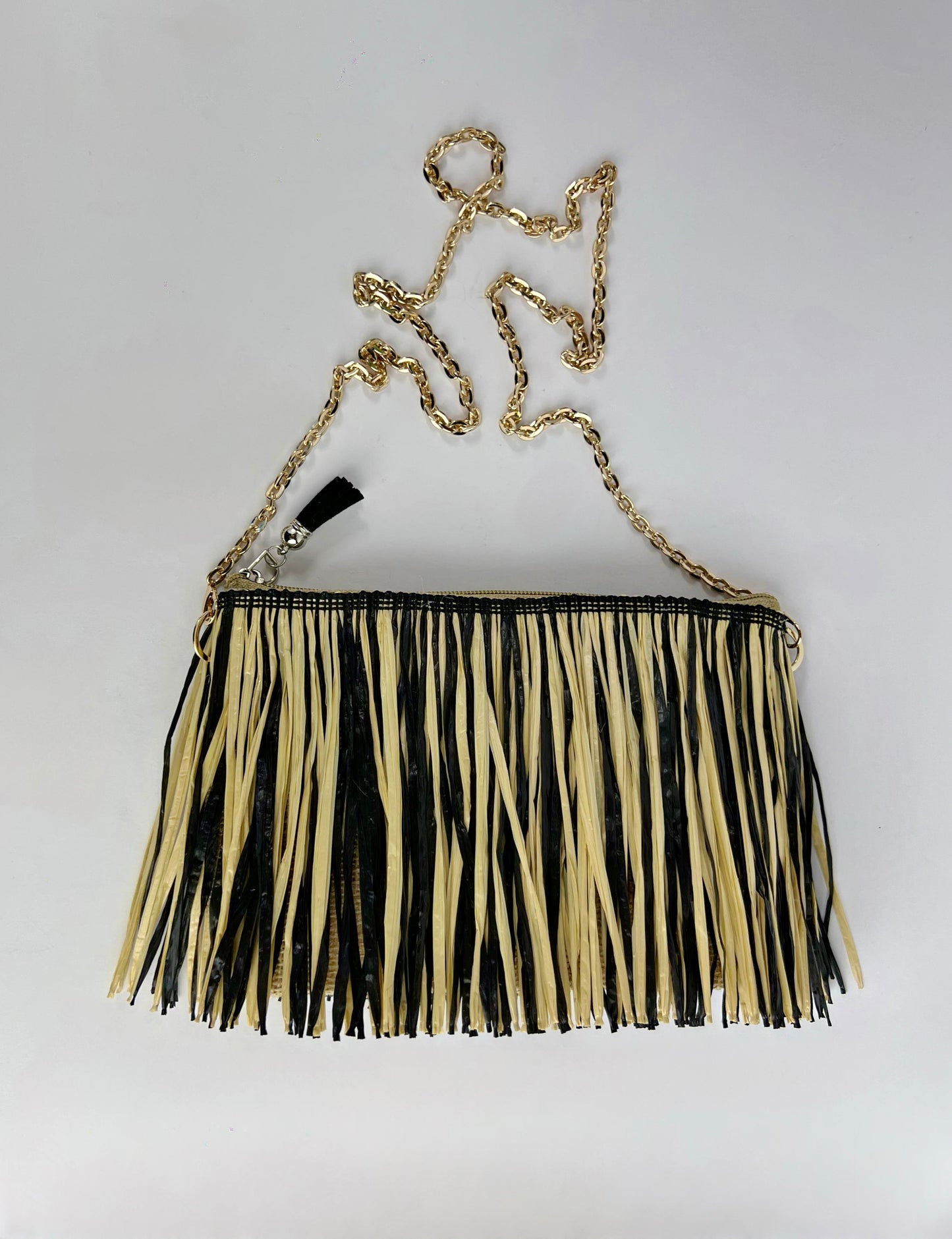 Borsetta in Juta con frange beige e nere