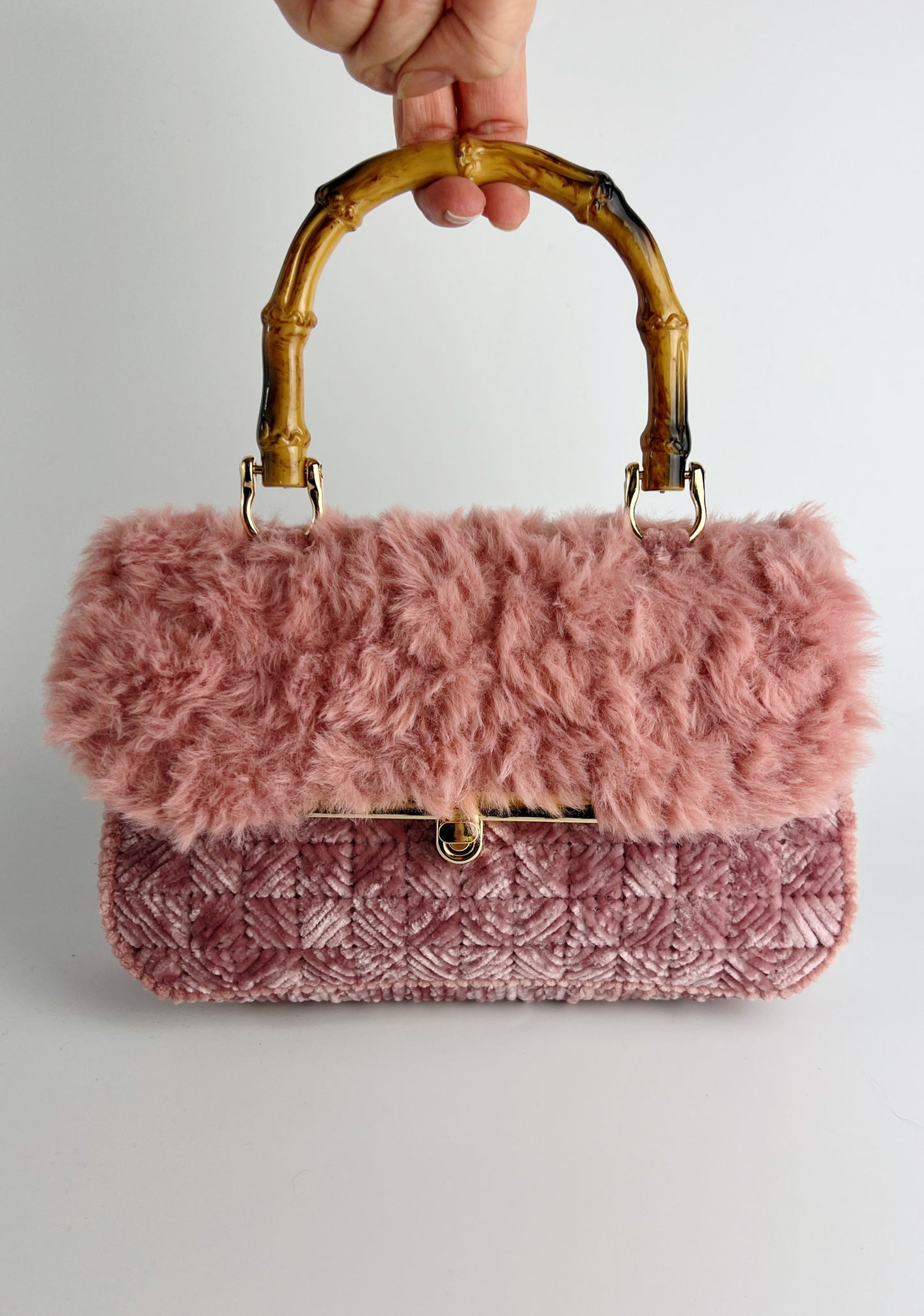 Borsa rosa antico ciniglia e pelliccia