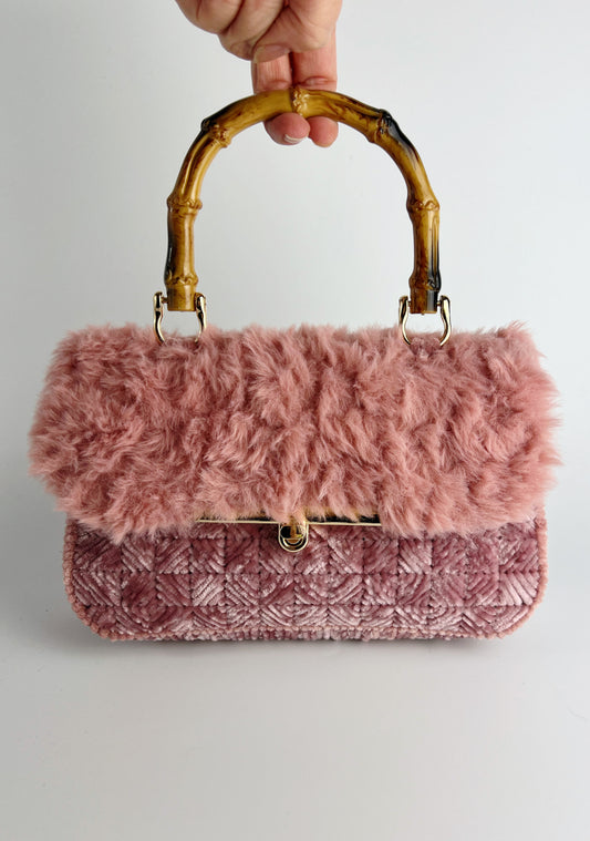 Borsa rosa antico ciniglia e pelliccia